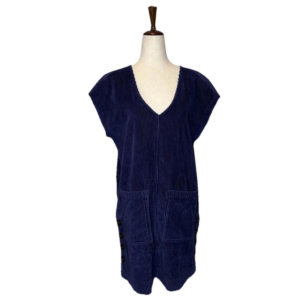 Madewell Corduroy Side Button Shift Dress Womens XXS Pockets Oversized Navy Blue - Picture 2 of 7